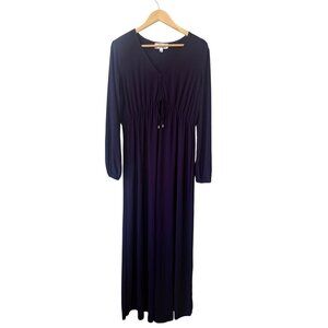 Nikki Poulos Jersey Stretch Long Sleeve Waist Tie Maxi Dress Size XL Purple